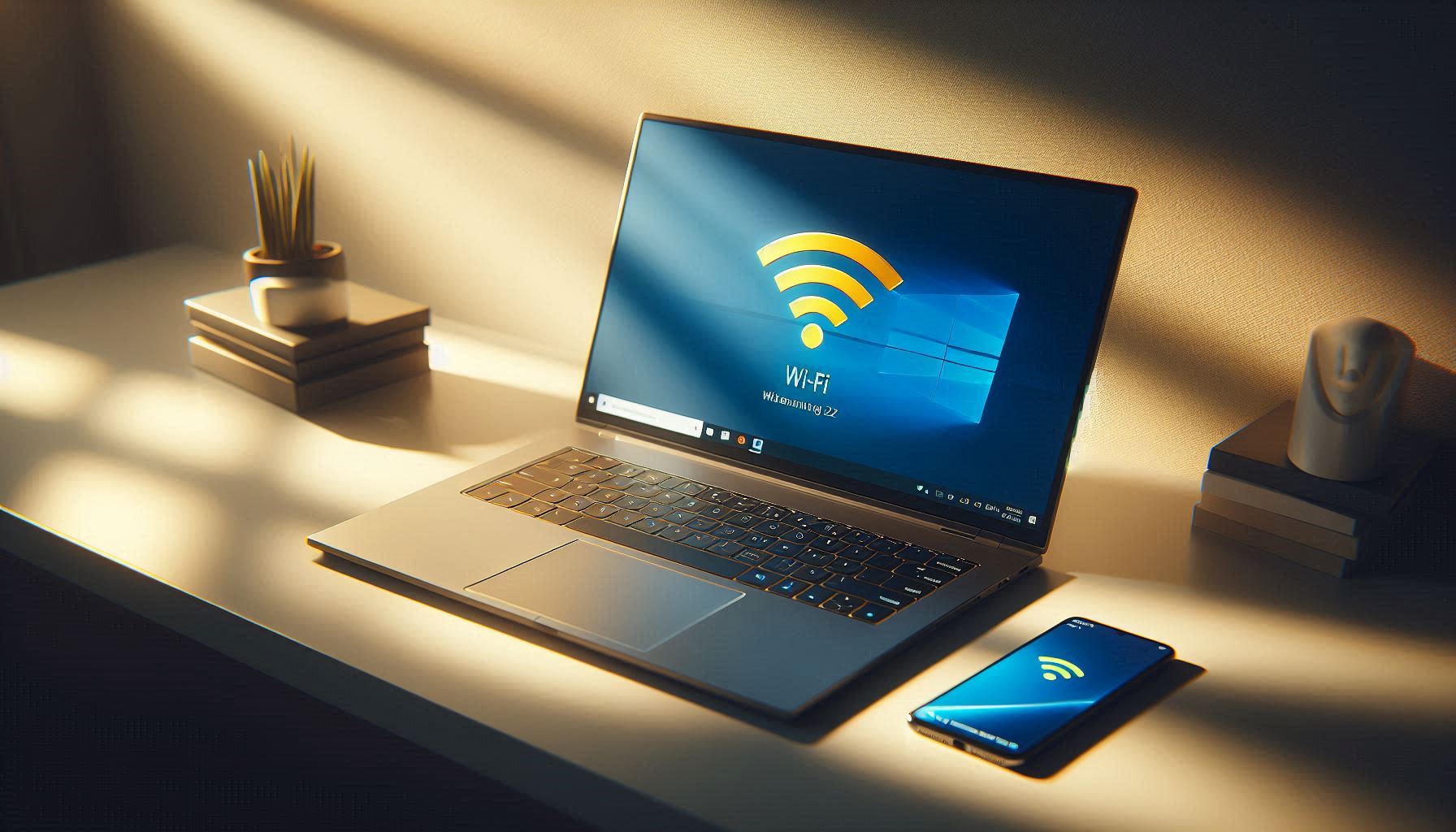 Laptop showing Wi-Fi connected but no internet warning next to a phone with working internet connection