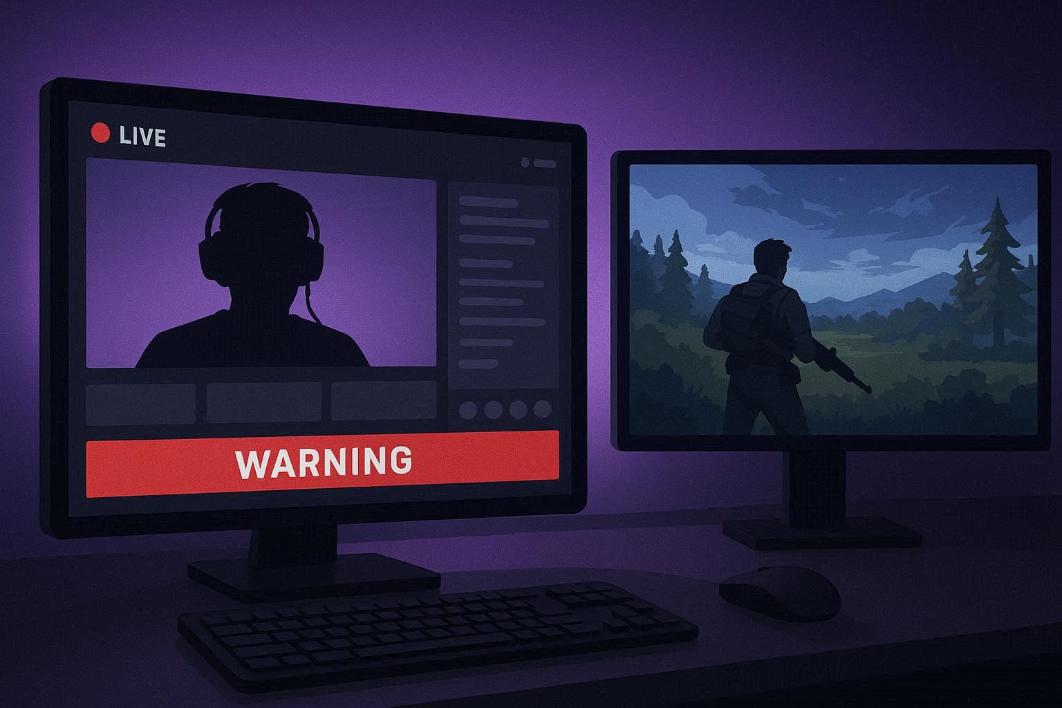 Dual monitor gaming setup with OBS Studio showing encoding overloaded warning on the second screen