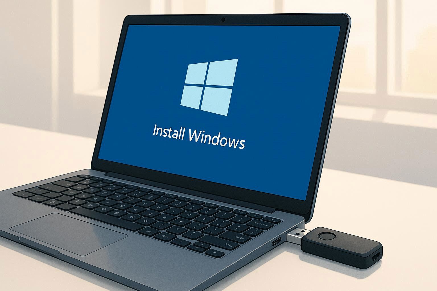 USB flash drive connected to laptop showing Windows 11 installation screen