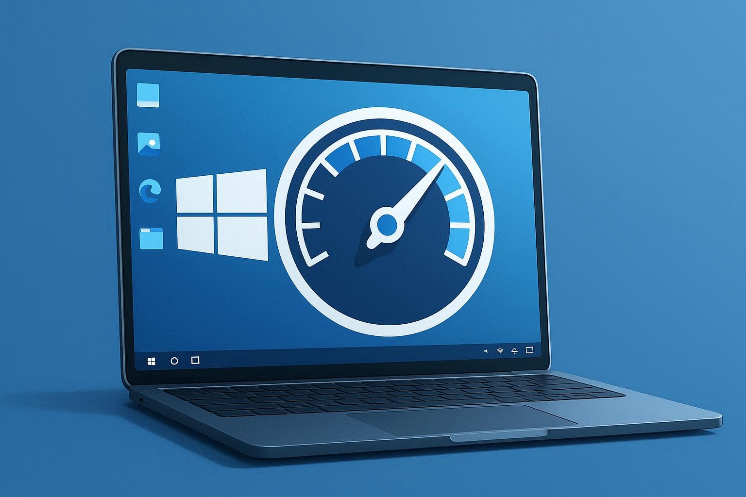 Laptop with Windows 11 desktop and performance speedometer overlay indicating fast speed