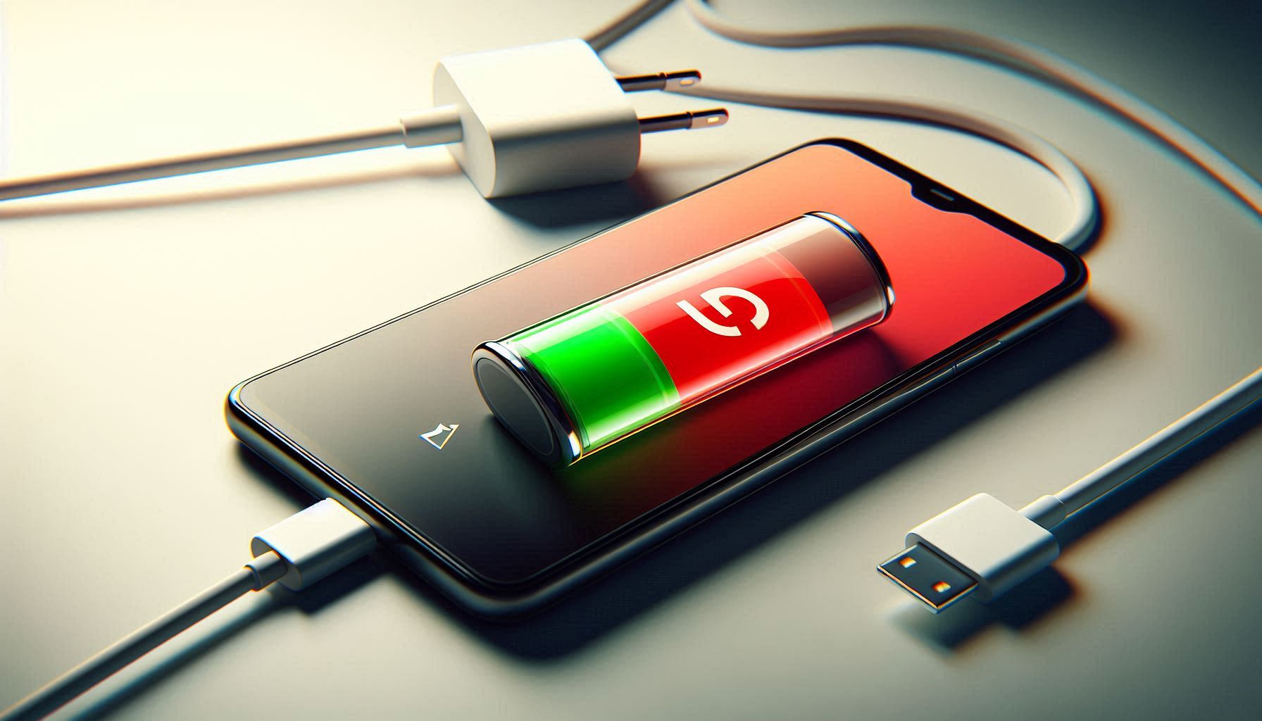 Android phone showing critically low battery at 5 percent with charging cable