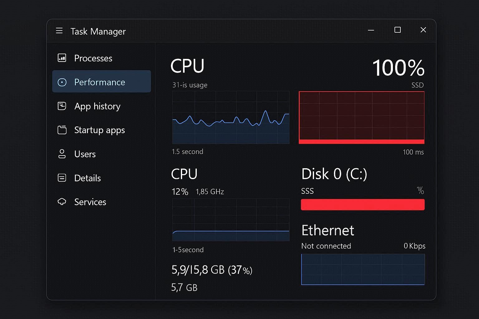  Windows 11 Task Manager showing 100% disk usage with red performance bar