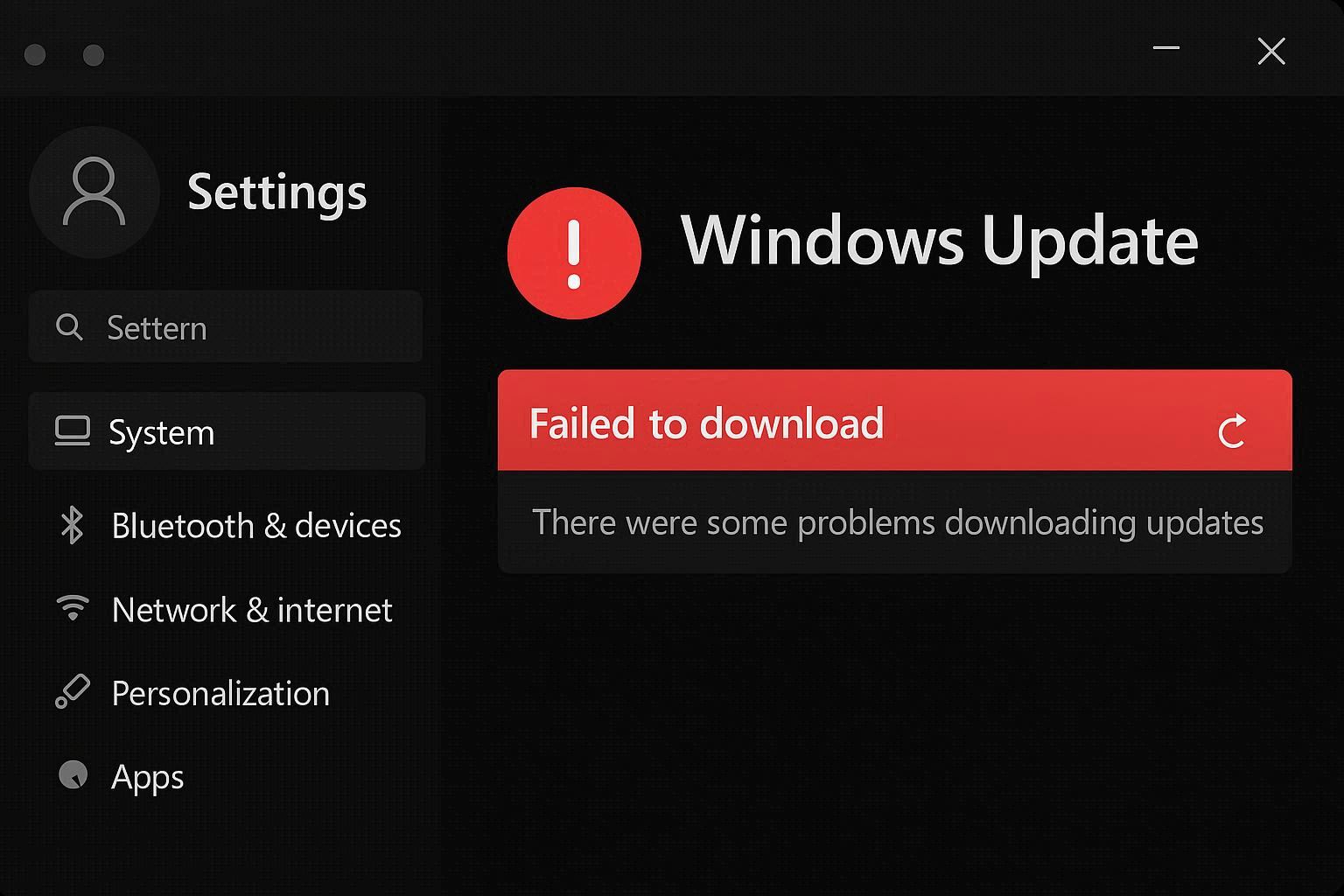 Windows 11 Settings showing Windows Update failed to install error message