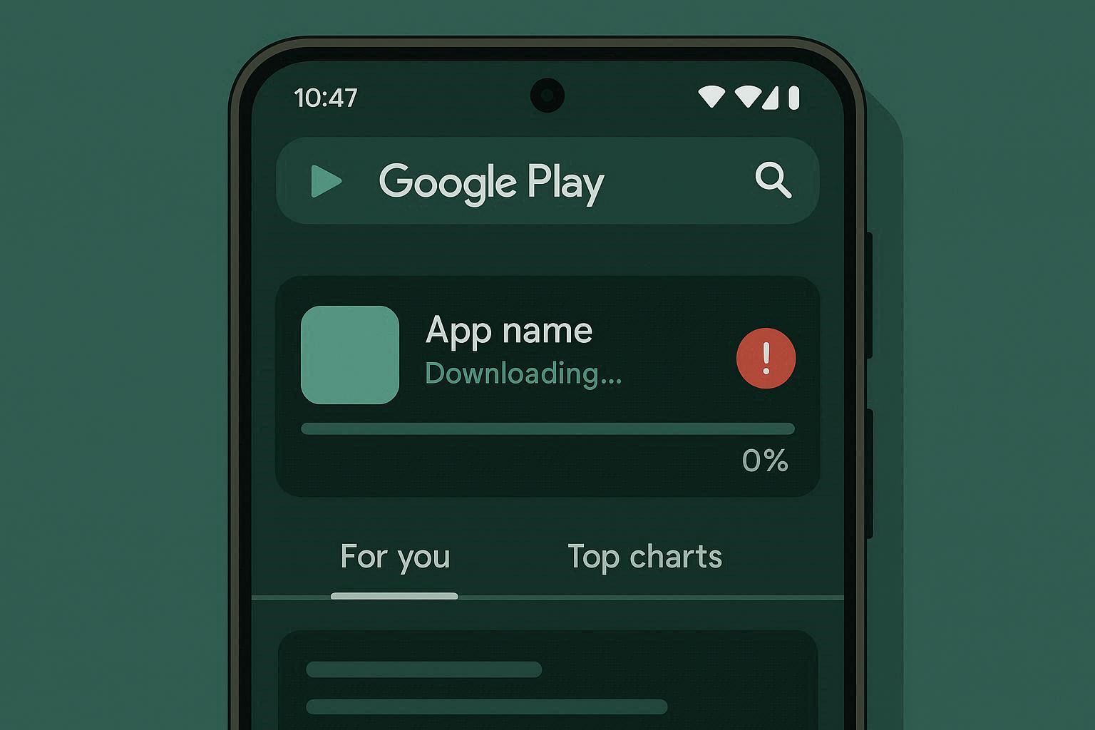 Google Play Store on Android showing stuck download with zero percent progress