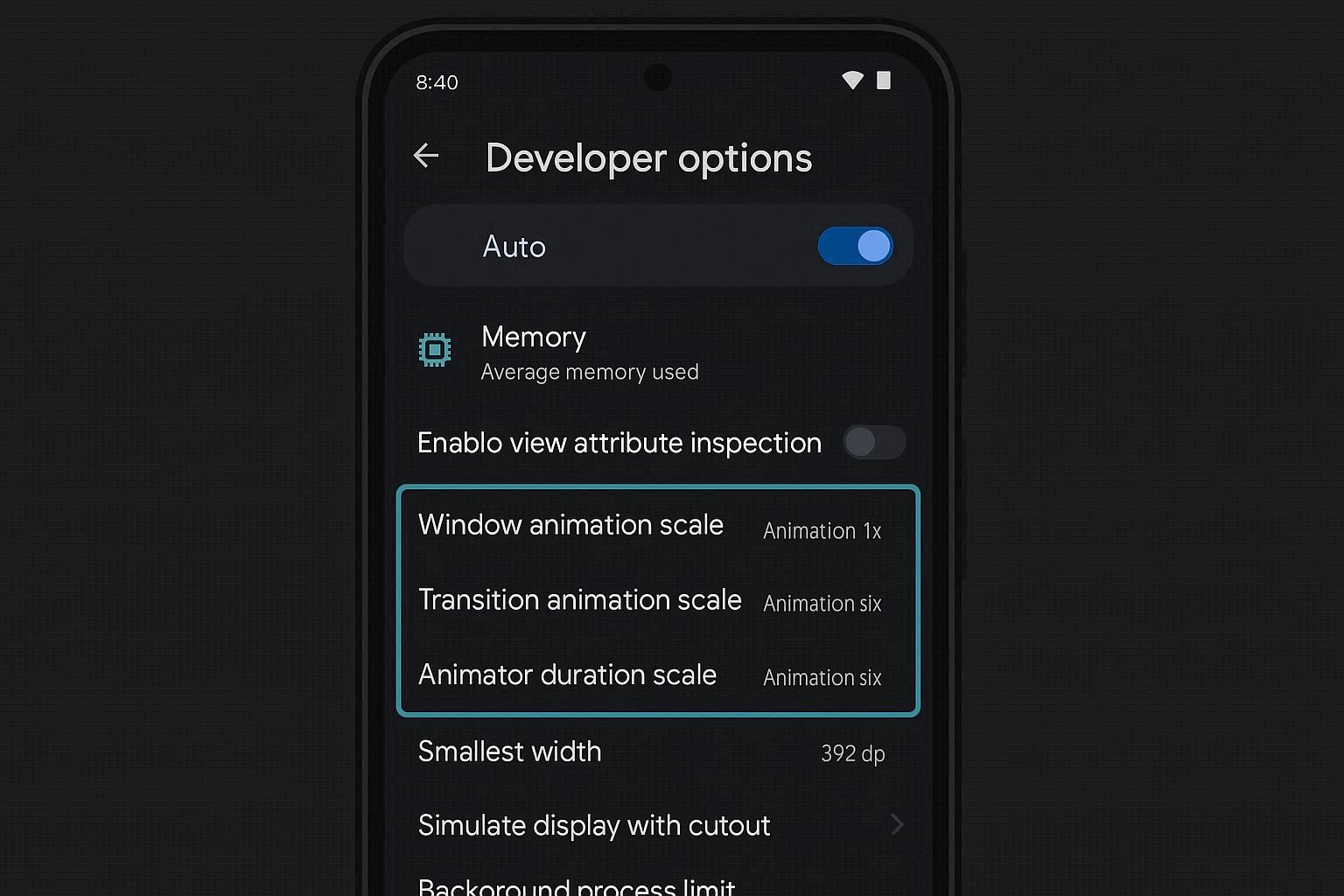 Android Developer Options menu showing animation duration scale settings