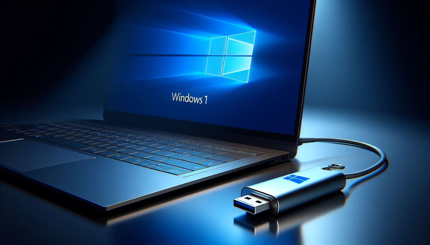 USB drive plugged into laptop showing Windows 11 clean installation progress