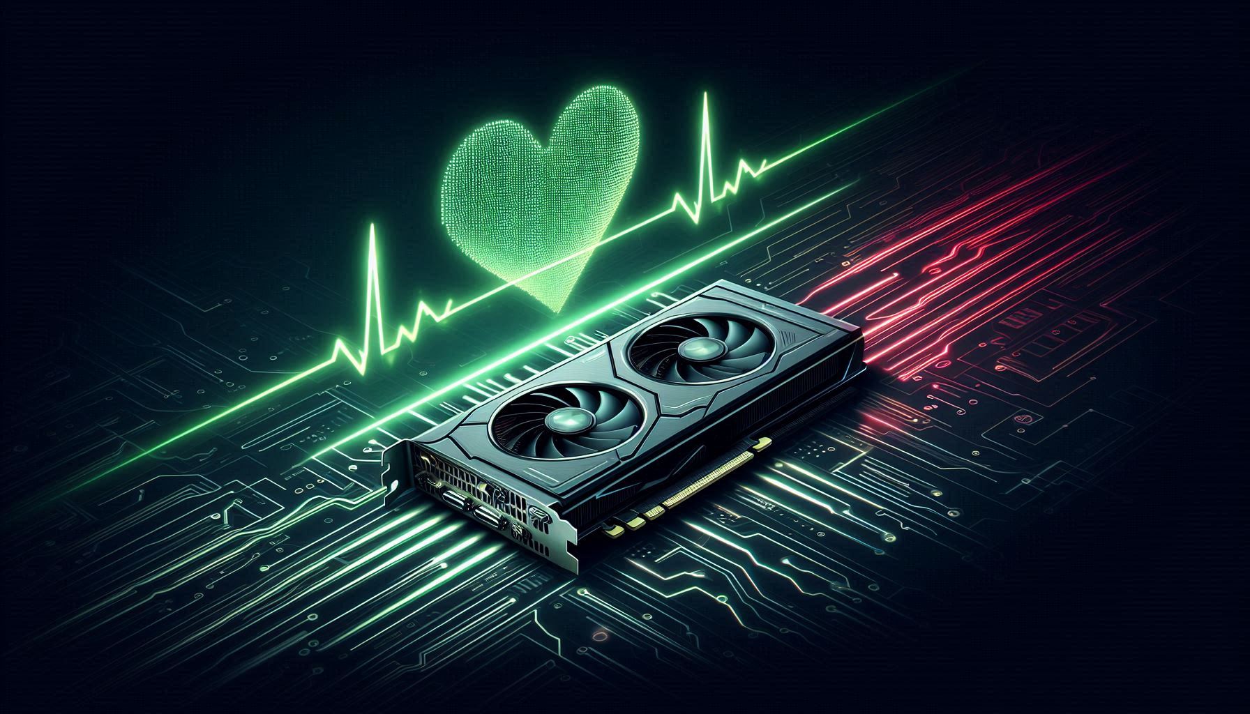 Graphics card with health monitor heartbeat line showing green to red status
