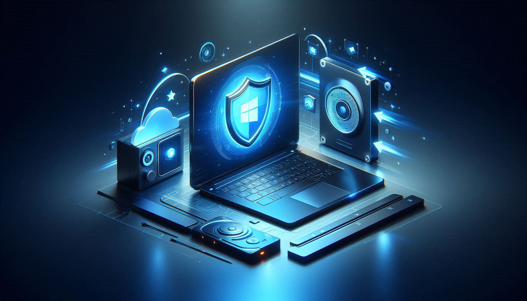 Windows 11 laptop backing up data to external hard drive with shield protection icon