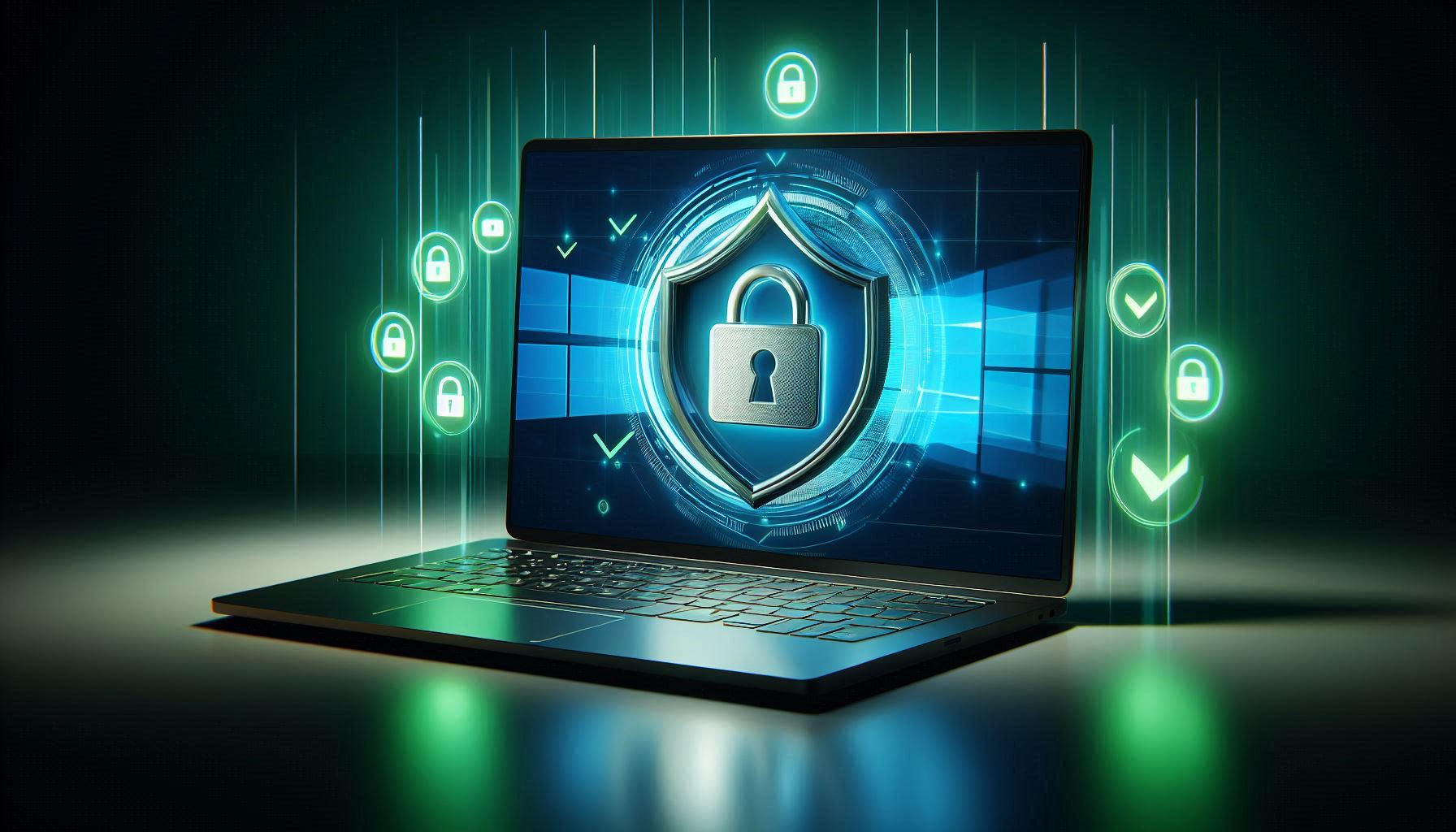 Windows 11 laptop showing security shield with padlock and green checkmarks