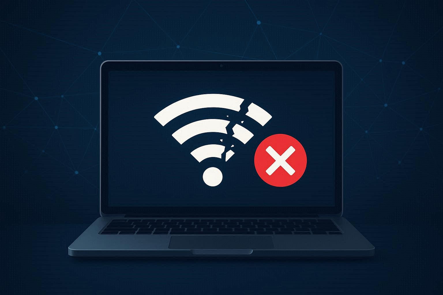 Laptop showing broken WiFi signal icon with red X indicating disconnection problem