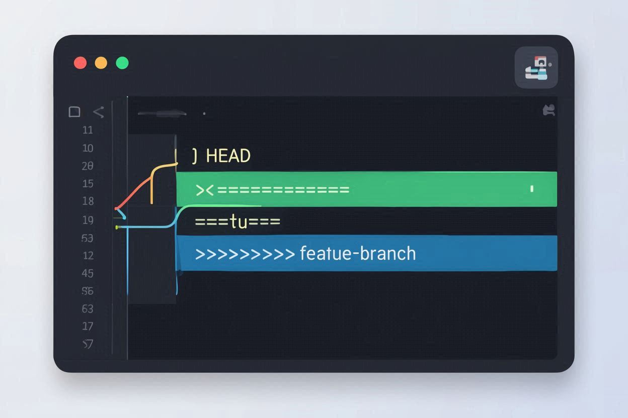 Code editor showing Git merge conflict with color-coded current and incoming changes