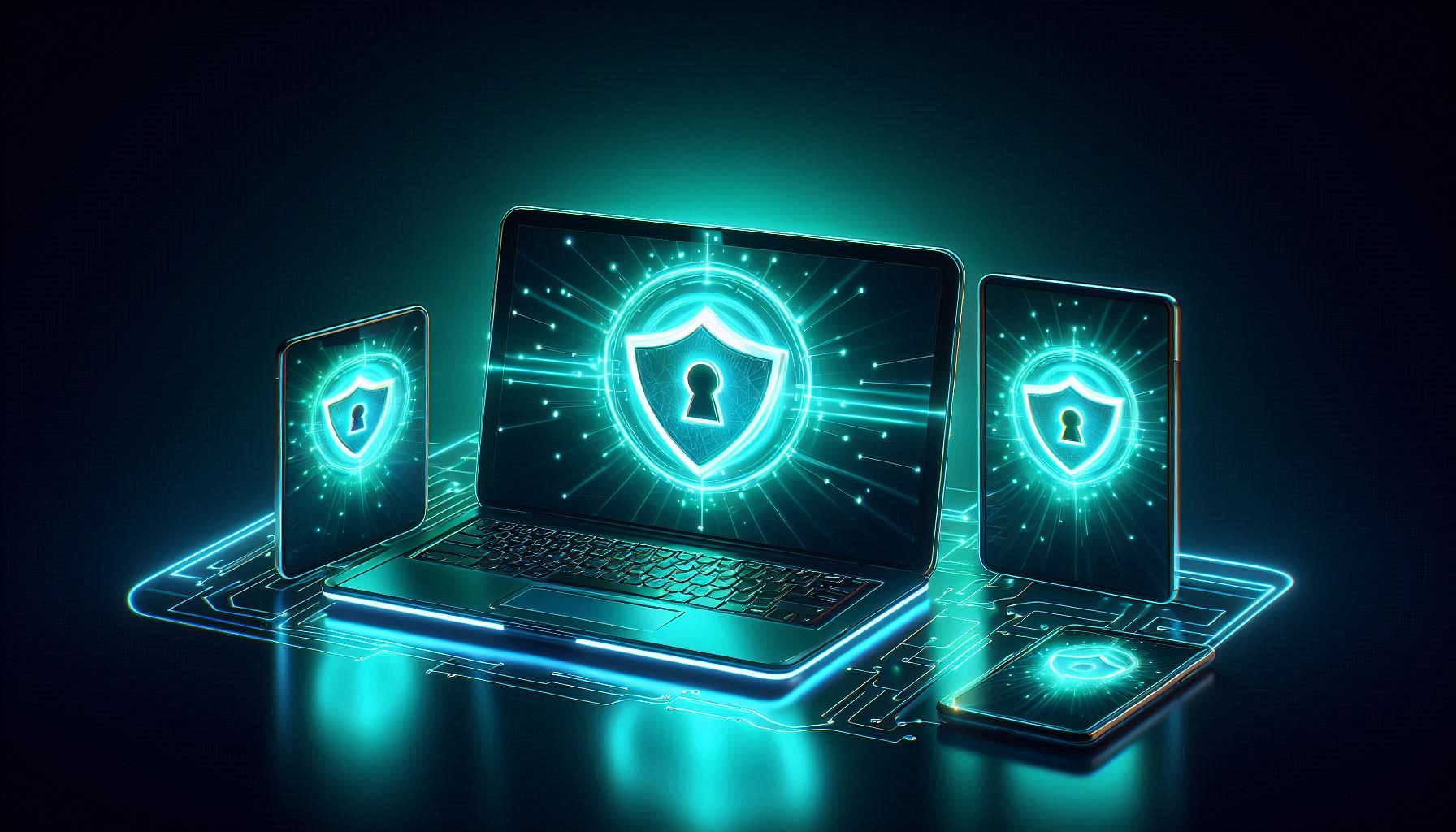 Laptop smartphone and tablet showing VPN shield icons connected through secure tunnel