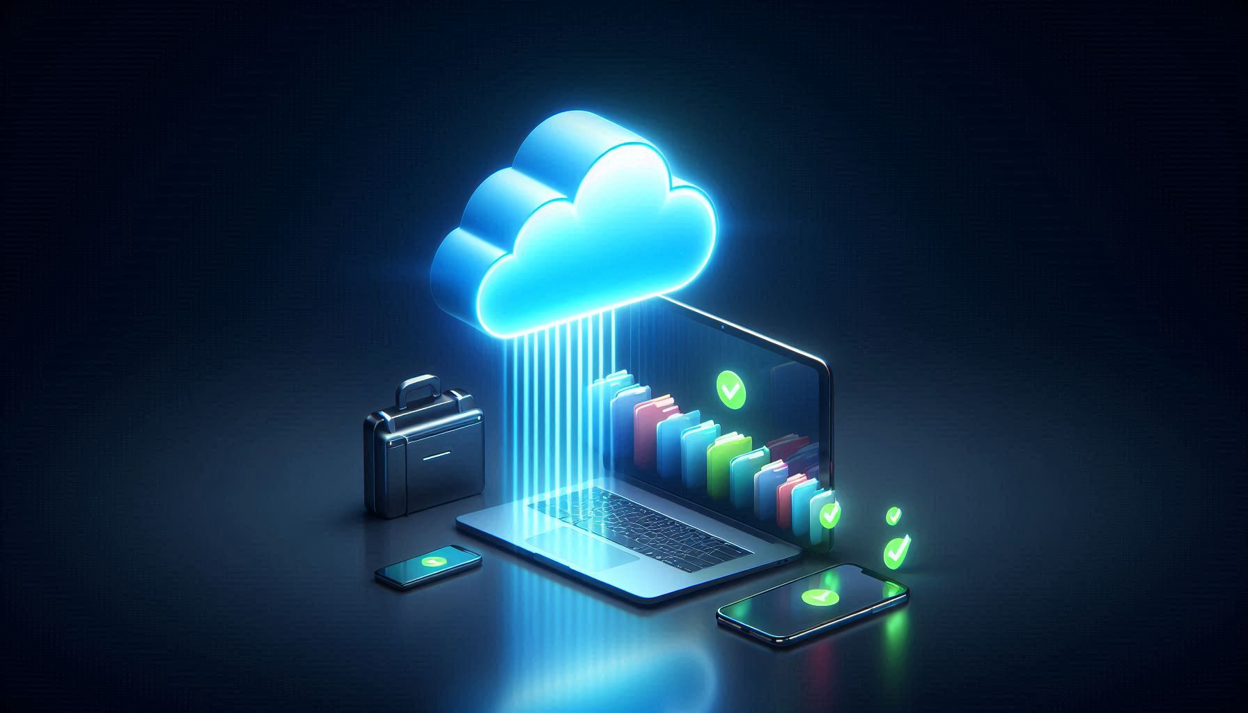 Cloud icon receiving files from laptop and smartphone with green sync checkmarks