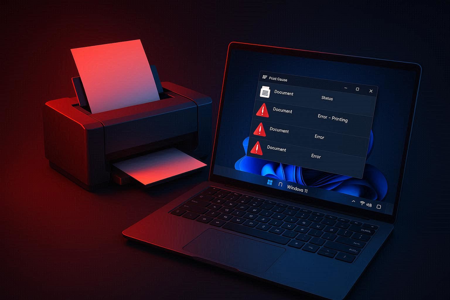 Windows 11 printer settings showing offline printer status with print queue stuck jobs