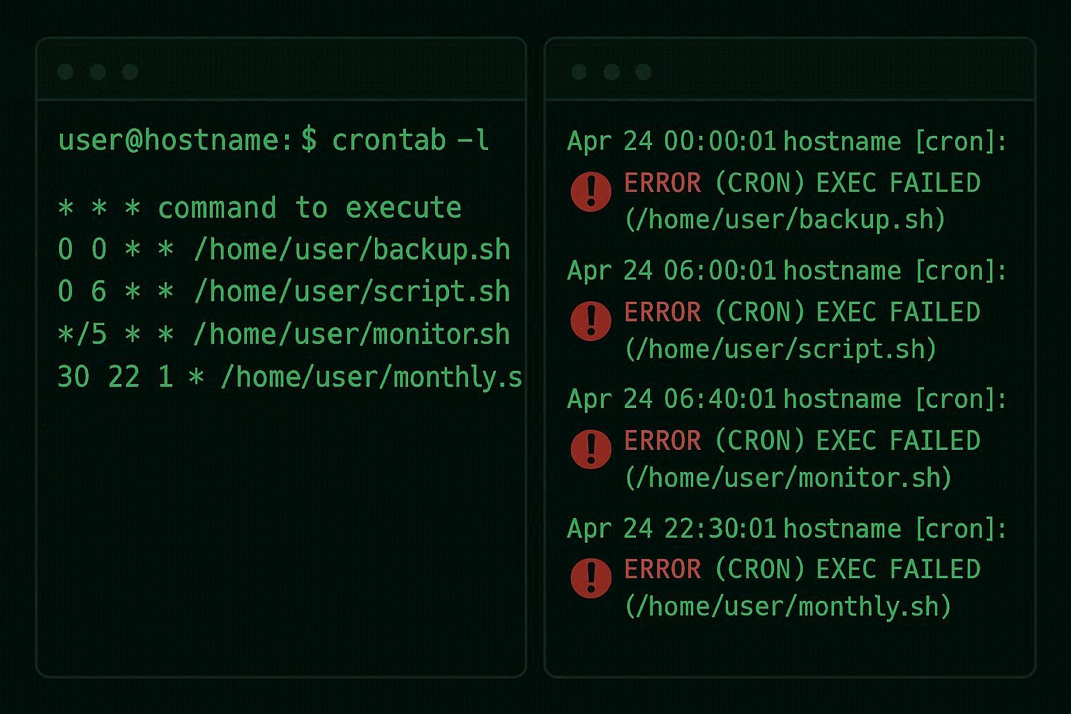Linux terminal showing crontab editor with a failing cron job and system log entries