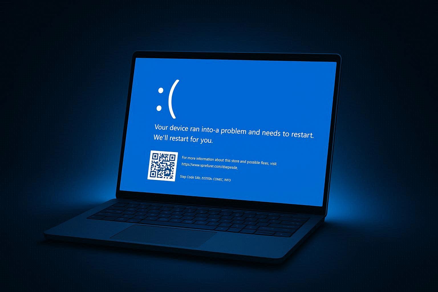 Windows 11 blue screen showing stop code error with QR code and sad face emoji