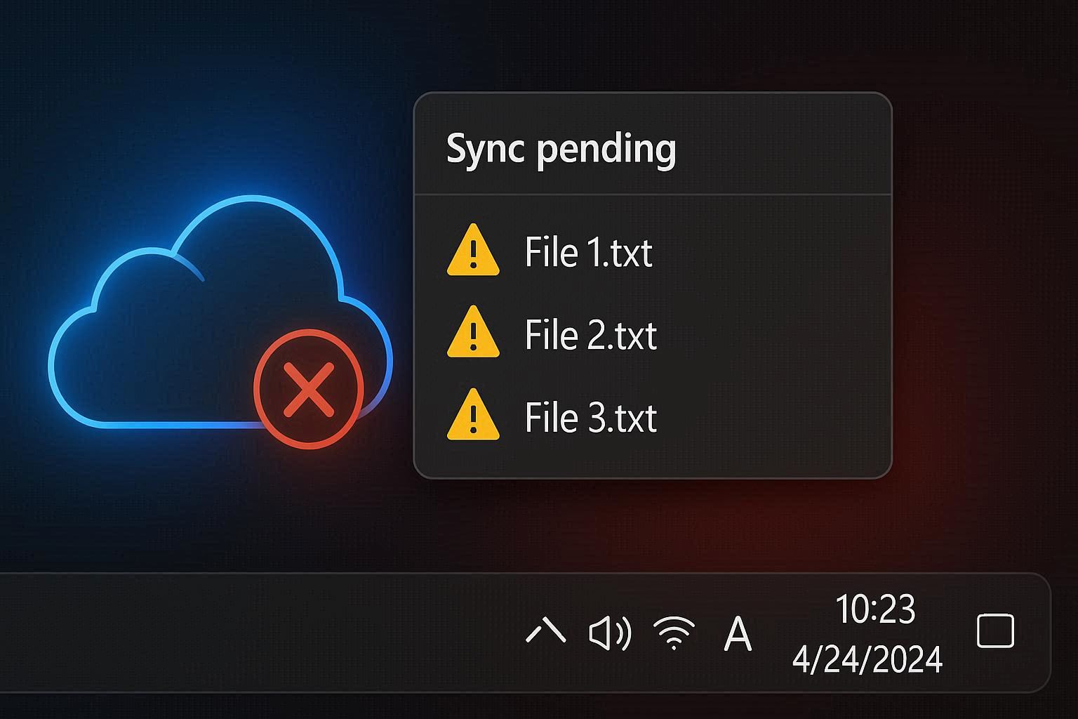 OneDrive system tray icon showing a red X sync error with files stuck in sync pending state