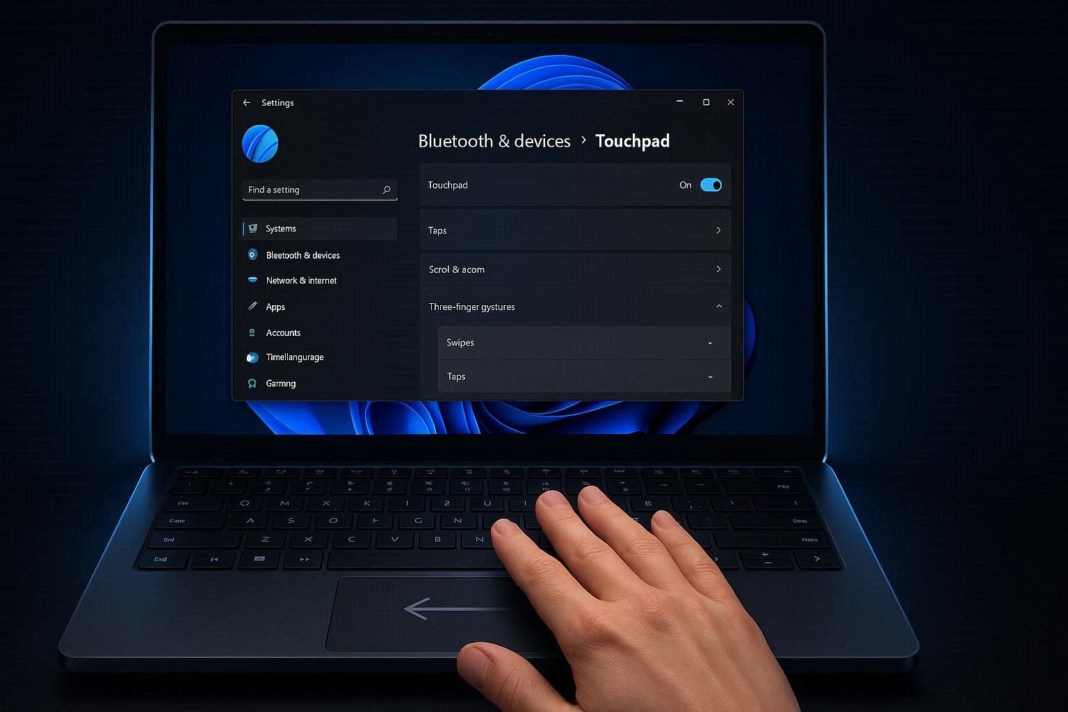 Windows 11 touchpad settings page showing gesture options grayed out because precision touchpad driver is not installed