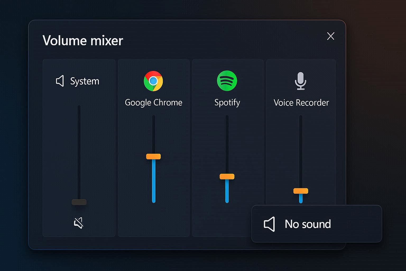 Windows 11 Volume Mixer showing system sounds channel muted while other audio channels are at normal volume