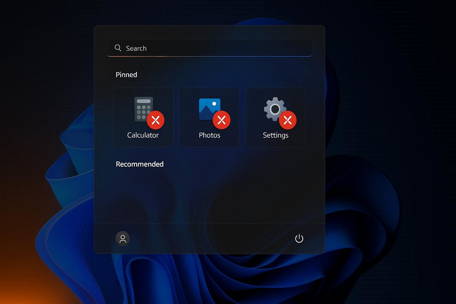 Windows 11 Start menu showing app icons where clicking them produces no response and apps fail to launch