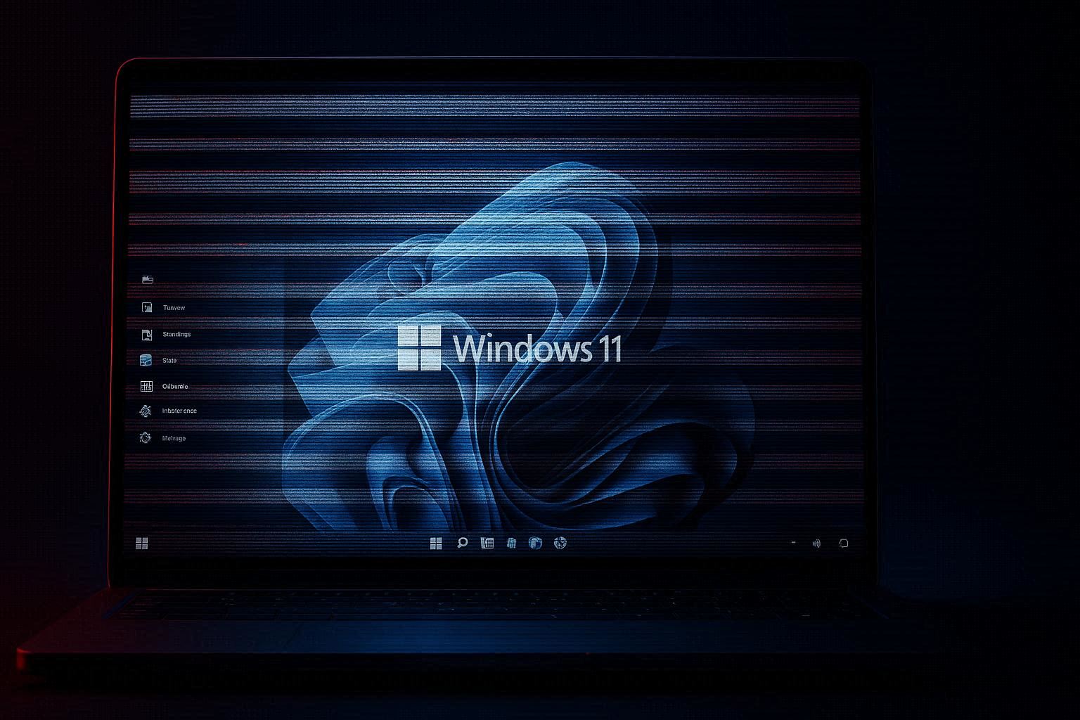 Laptop screen showing visible horizontal flickering lines across the display with a Windows 11 desktop in the background