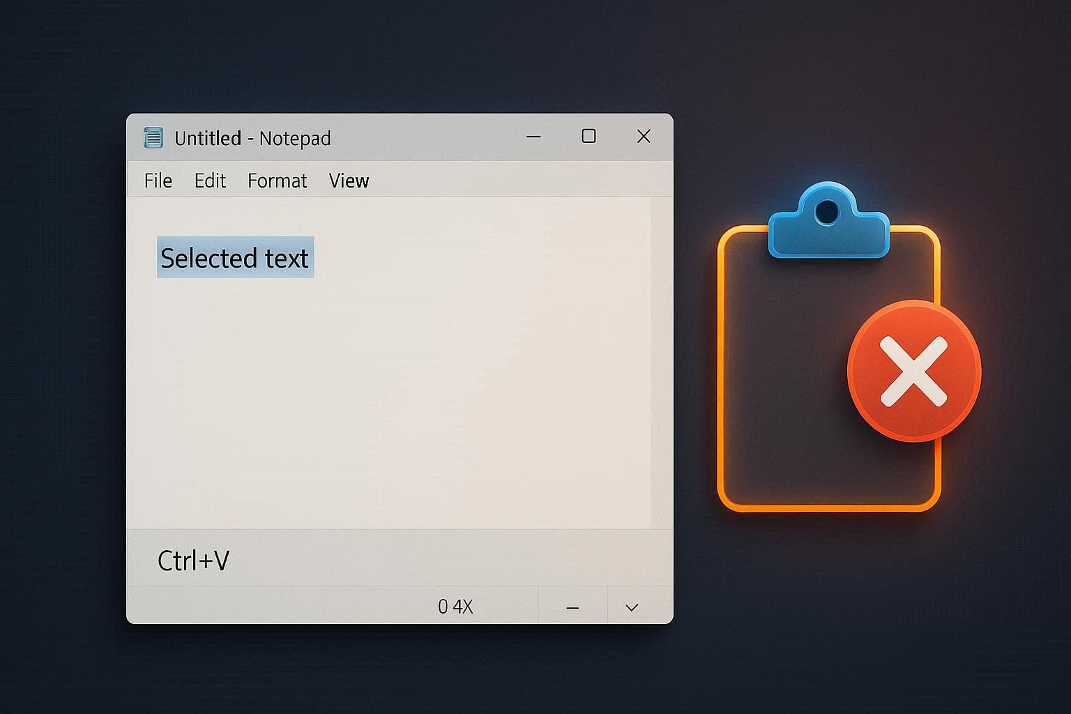 Windows 11 showing Ctrl plus V paste attempt producing no output with an empty clipboard notification