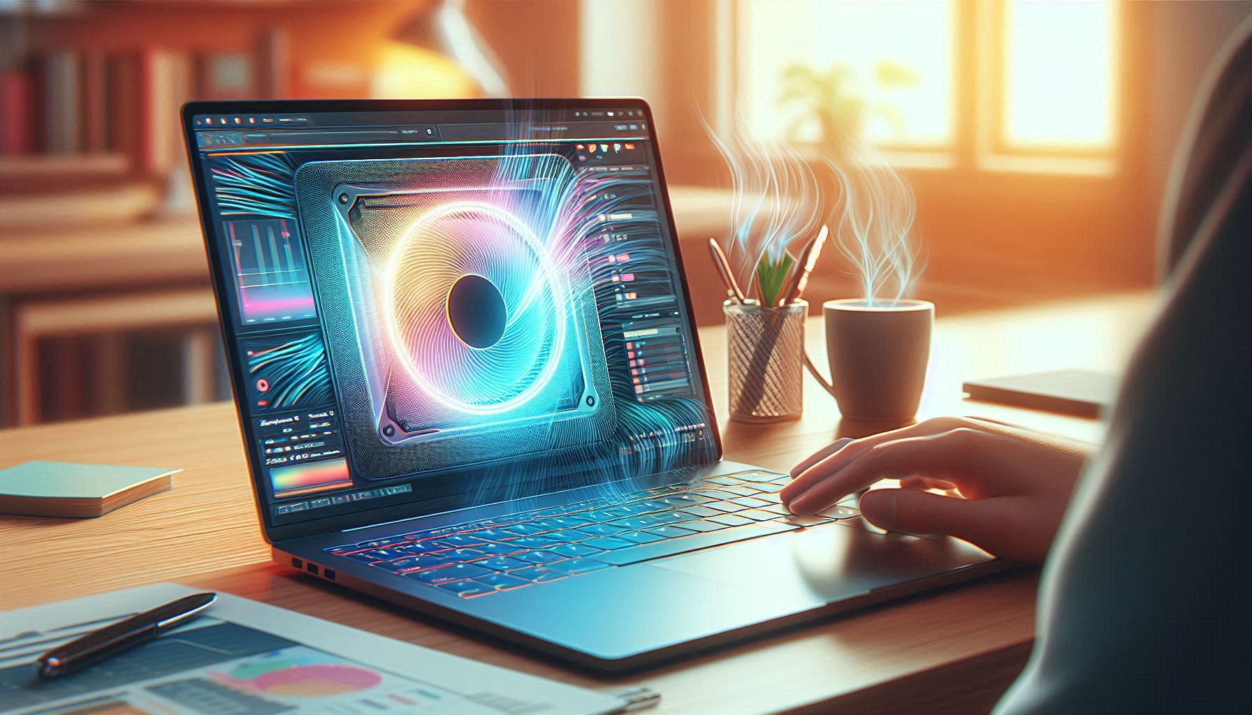 Laptop with visibly loud cooling fan and visible heat waves while user is just browsing a webpage