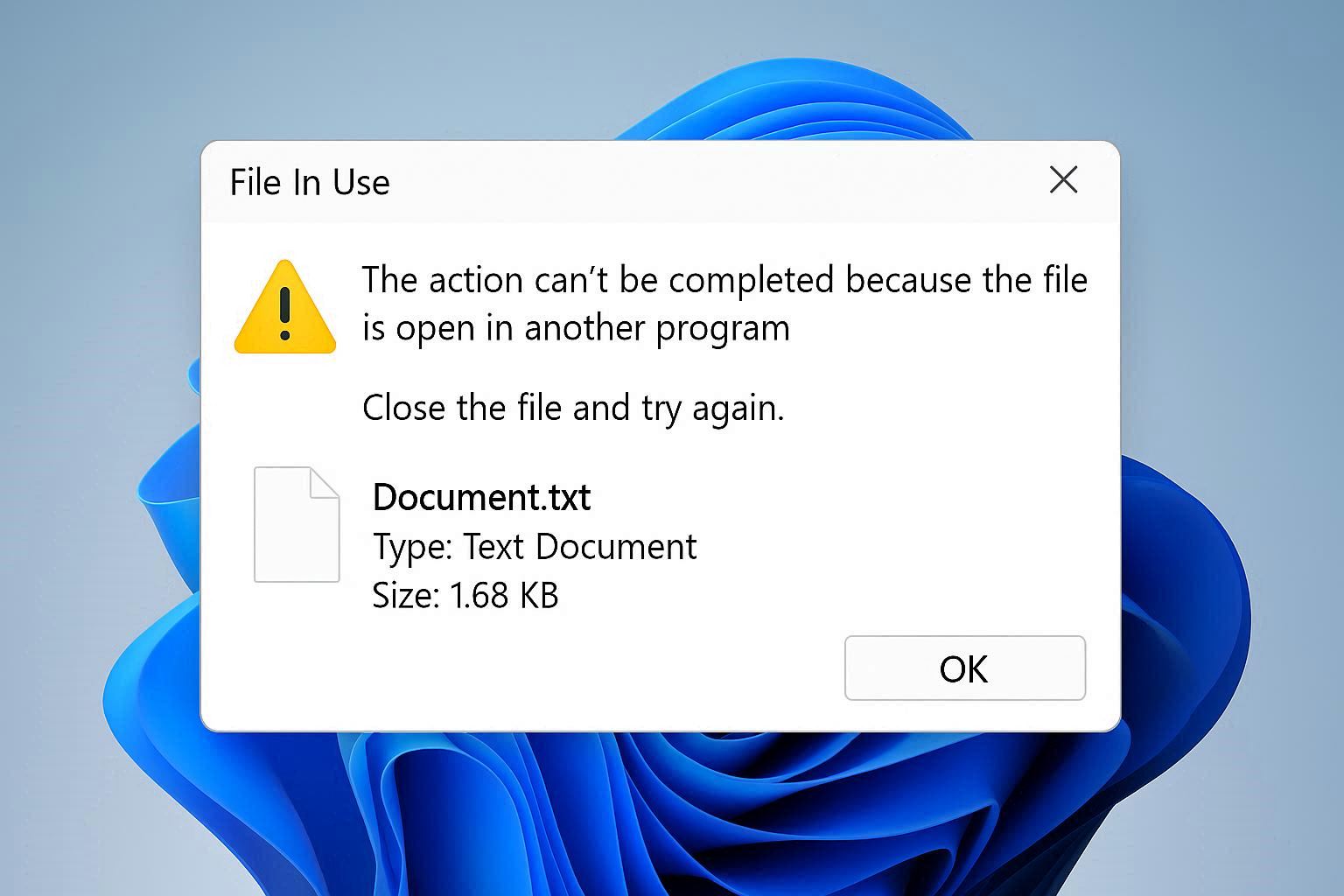 Windows 11 error dialog showing the action cannot be completed because the file is open in another program