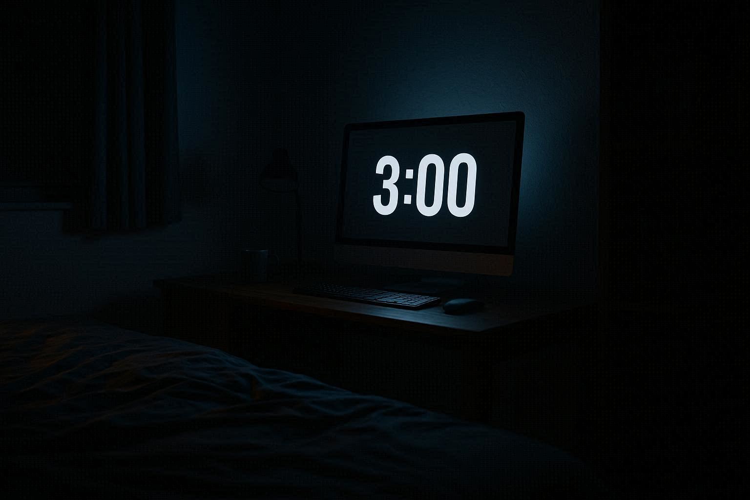 Computer screen turning on automatically in a dark bedroom at night with the clock showing 3 AM