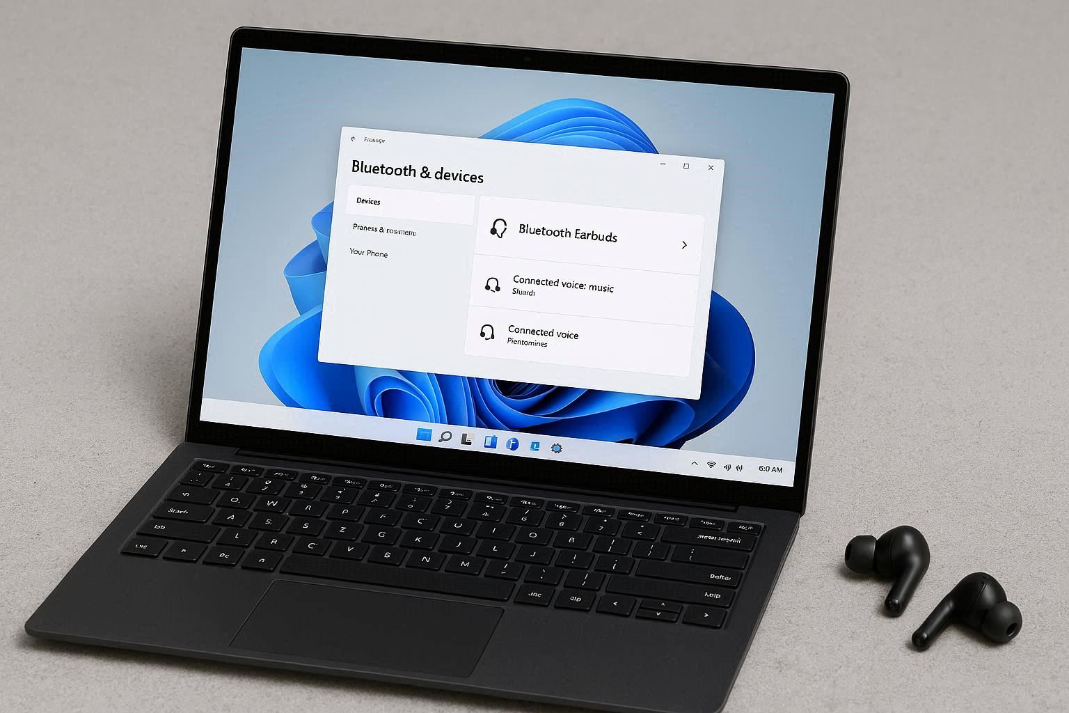 Bluetooth earbuds connected to a Windows 11 laptop showing two device entries one for stereo audio and one for hands free mode