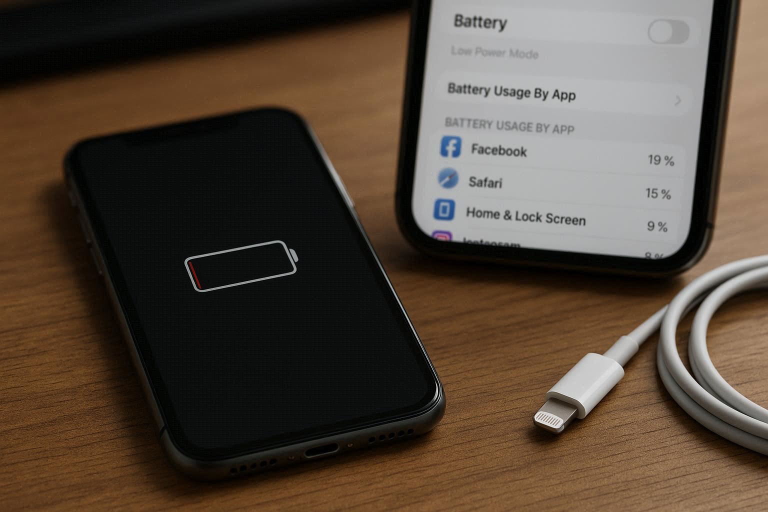 Fix iPhone battery draining fast with battery usage settings screen displaying app battery consumption breakdown